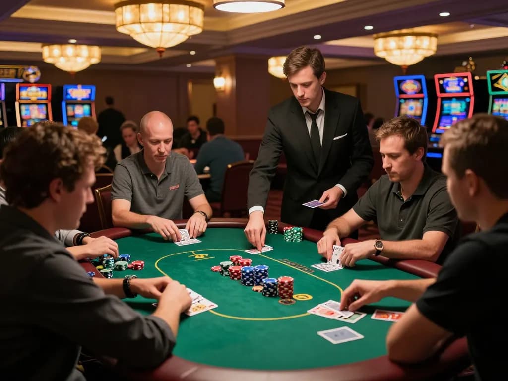 Engaged players competing in a high-stakes poker game at a casino, illustrating kdslot's exciting gameplay.