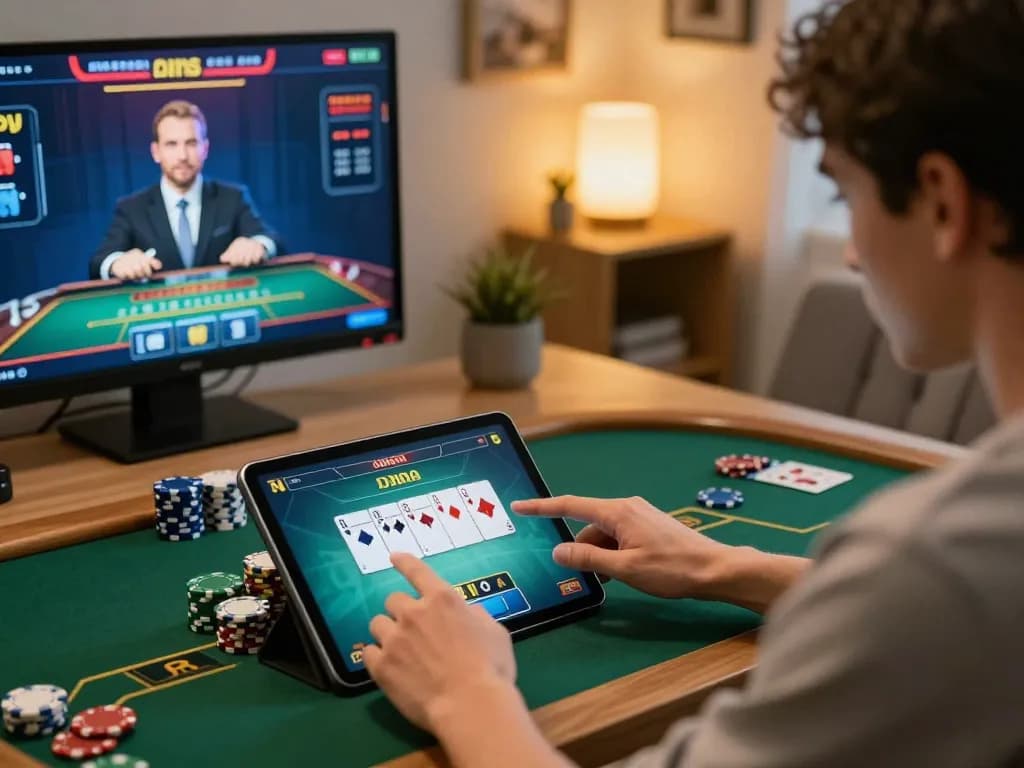 TG777 player engaging in an online blackjack game surrounded by strategic elements.