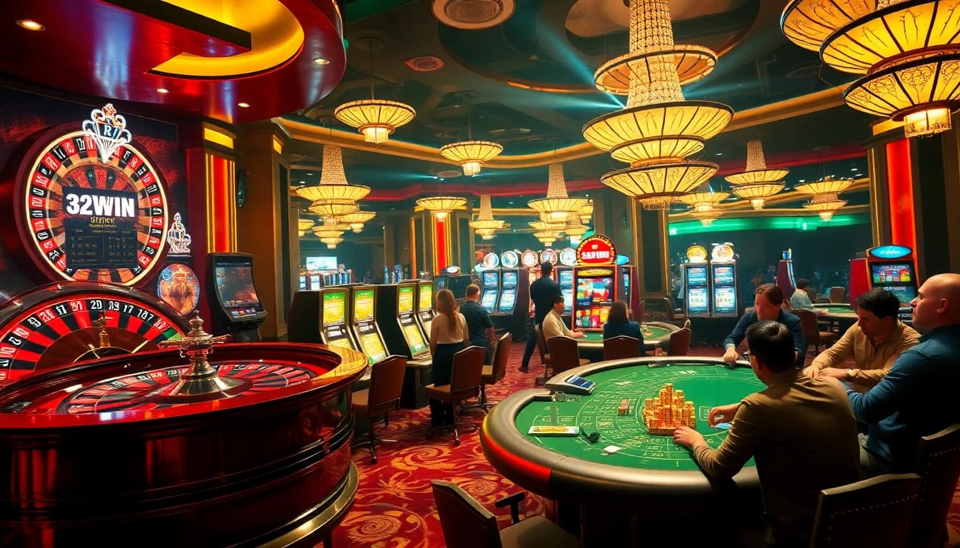 32WIN casino scene showing lively poker tables and roulette wheel action.