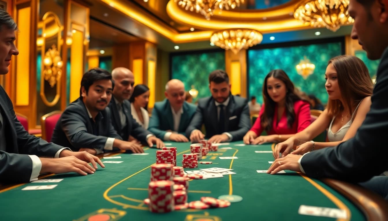 Exciting J88 casino gaming scene with players at a luxury poker table, showcasing high-stakes action.