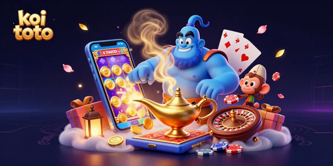 Koi toto showcases a vibrant 3D scene with a genie, monkey, and casino elements, amplifying excitement.