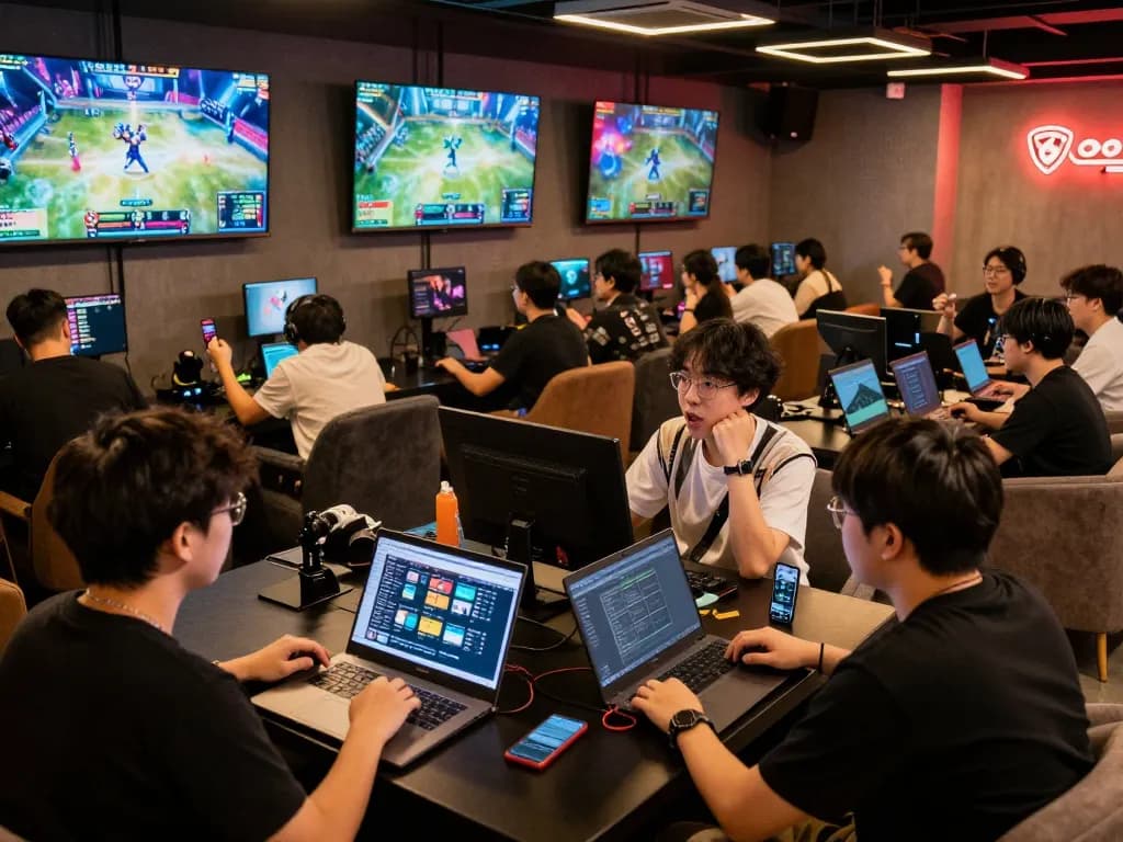 Excited gamers engaging in esports betting in Singapore, studying odds and placing wagers on mobile devices.