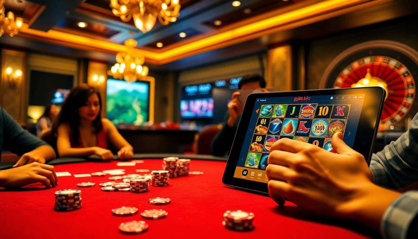 Captivating casino excitement with players at a poker table and online interface showcasing https://gg88.biz/.
