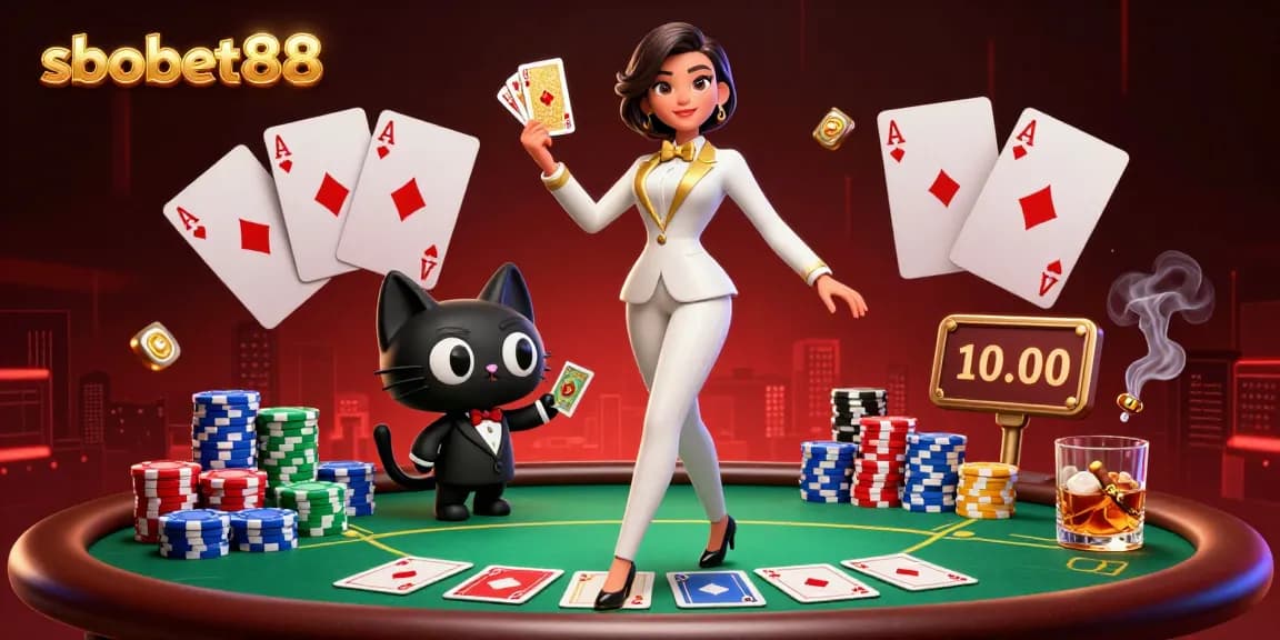 Sipping whiskey while placing thrilling bets at sbobet88 table with a glamorous dealer and playful cat.
