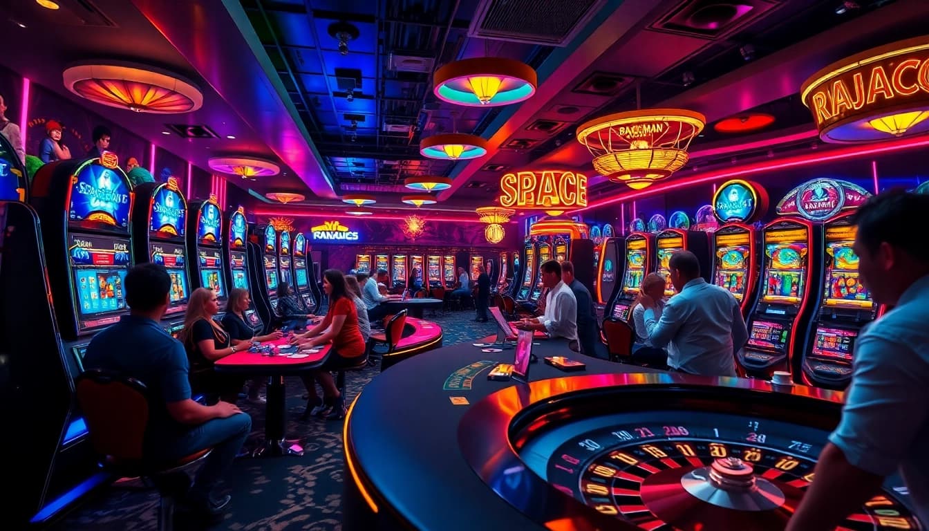 RAJAGACOR players enjoying thrilling Spaceman Slot gameplay amidst vibrant casino excitement.