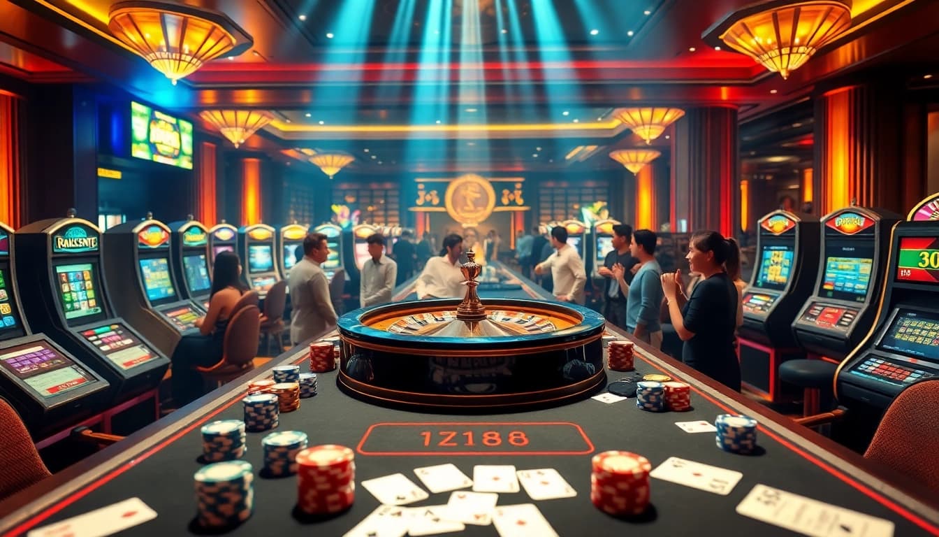 Exciting casino gameplay scene showcasing poker chips and a roulette wheel at HZ88 com.