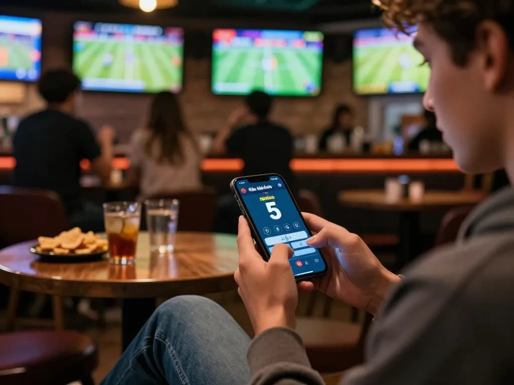 Kèo nhà cái 5 displayed on a smartphone amidst an exciting sports betting atmosphere with friends enjoying the game.