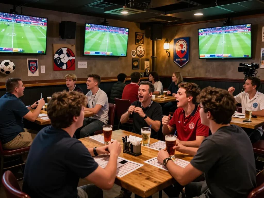 Engaged fans using soi keo for sports betting during a live football match, lively bar atmosphere.