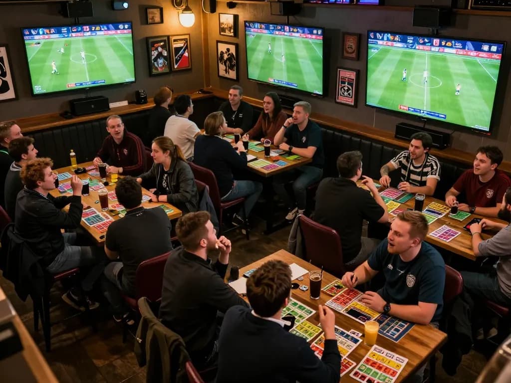 Soi Kèo sports betting scene in an energetic sports bar with fans cheering during a match.