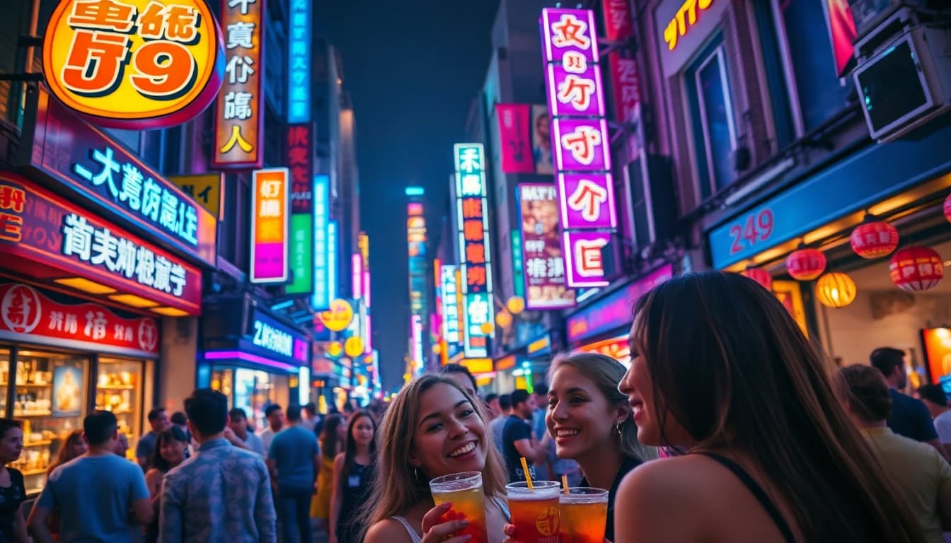 Friends enjoying a lively nightlife scene at AT99娛樂 with vibrant neon lights and energetic atmosphere.