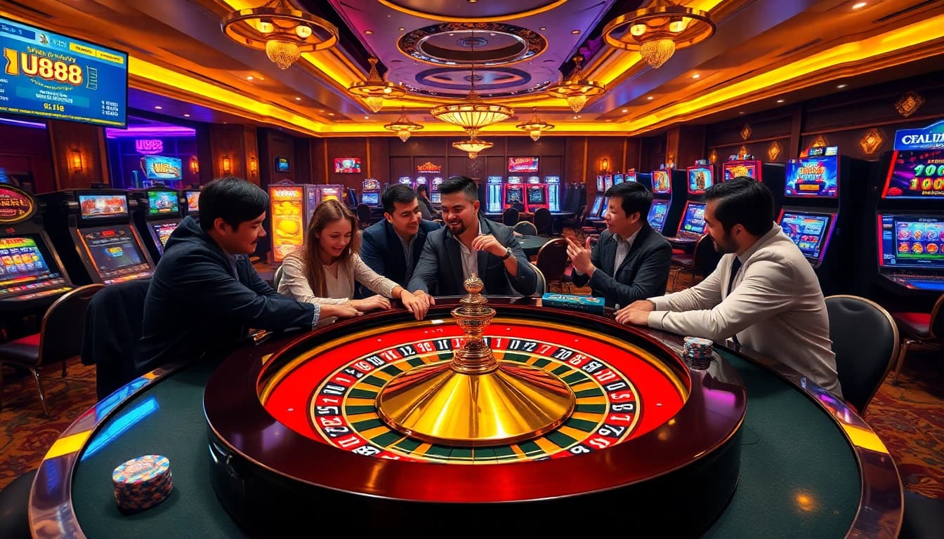 Engaging players at UU88's lavish roulette table showcasing high-stakes excitement.