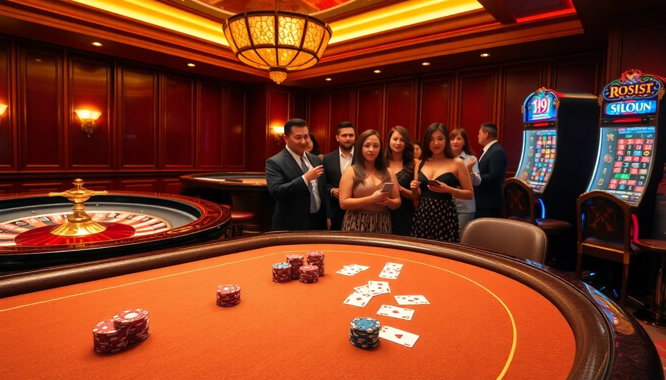 i9bet players enjoying an exhilarating casino experience at vibrant poker tables and roulette wheels.