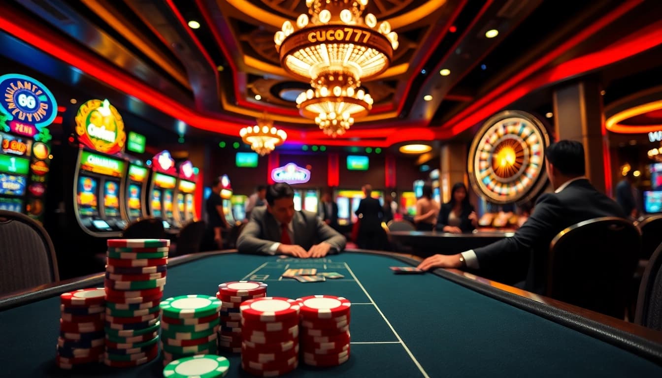 Engage in exciting gameplay with cucu777 at a lavish casino featuring poker chips and glittering slot machines.