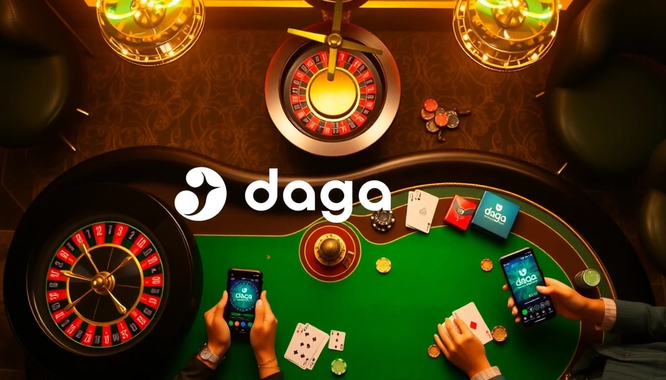 Daga online gaming platform with vibrant casino elements showcasing roulette and poker.
