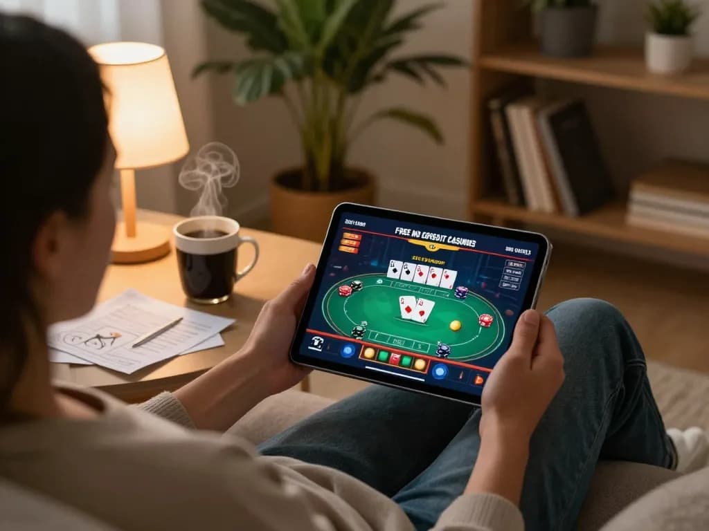 Engaging gameplay at Free No Deposit Casinos, showcasing a player using a tablet in a cozy home setting.