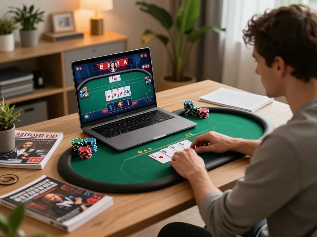 Kuwin player strategizing at home during an online poker session with laptop and notes.
