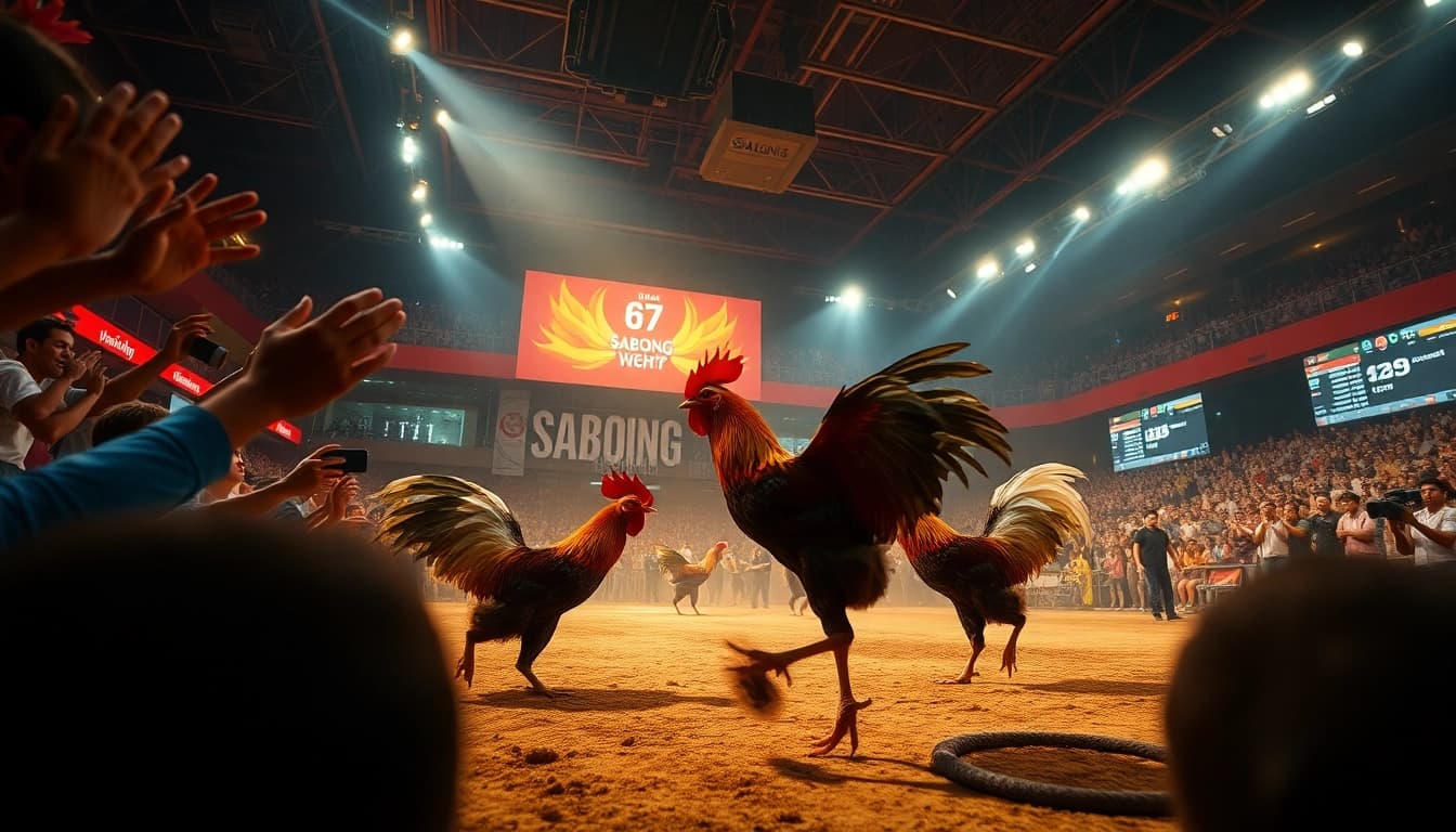 Exciting live cockfighting at Sabong 67, featuring fierce roosters and an energetic crowd.