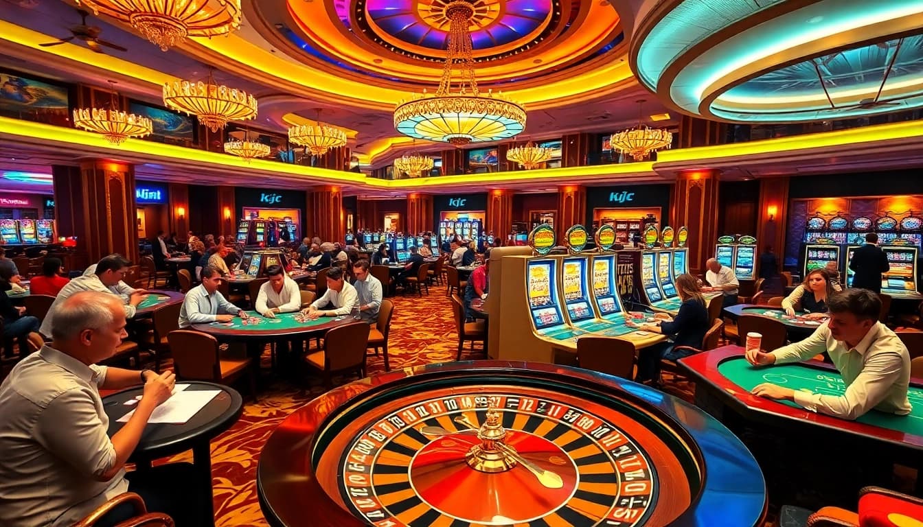 KJC casino excitement with players at elegant poker tables and a roulette wheel.