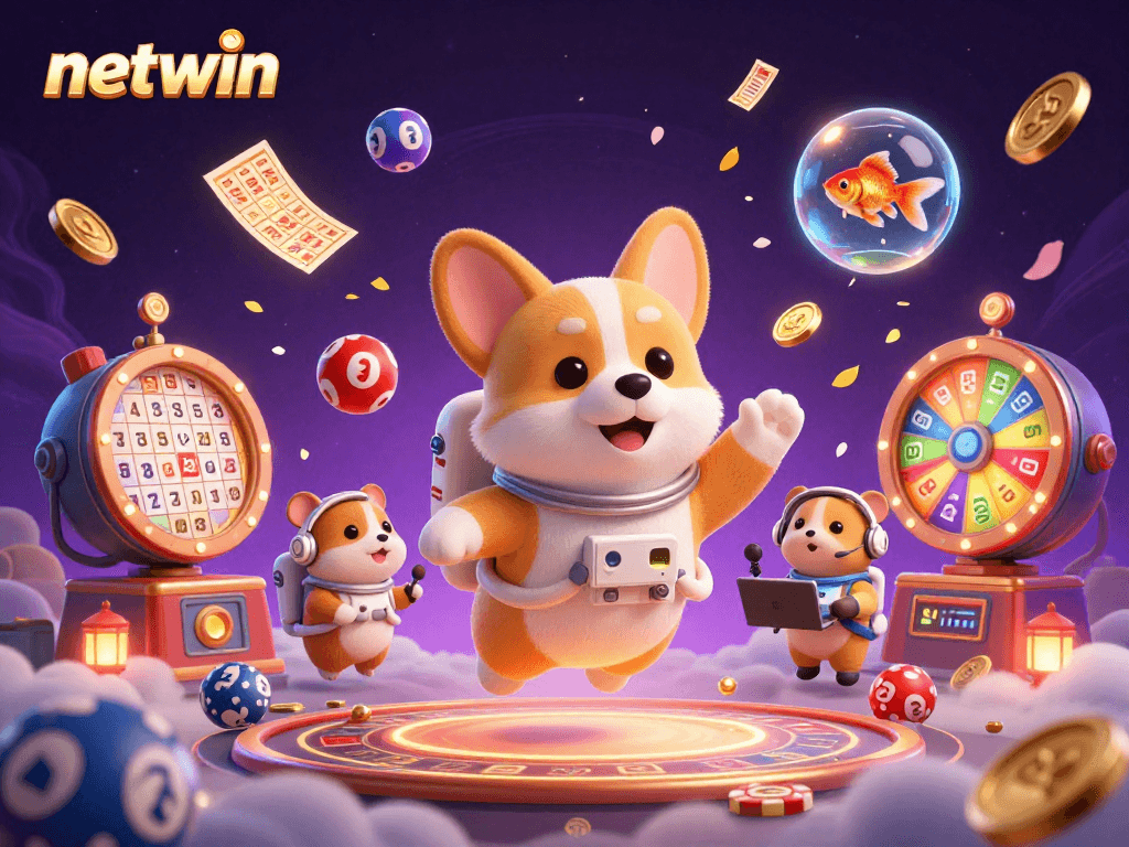 Experience thrilling gaming dynamics at Netwin with a 3D illustration showcasing vibrant lottery elements and immersive characters.