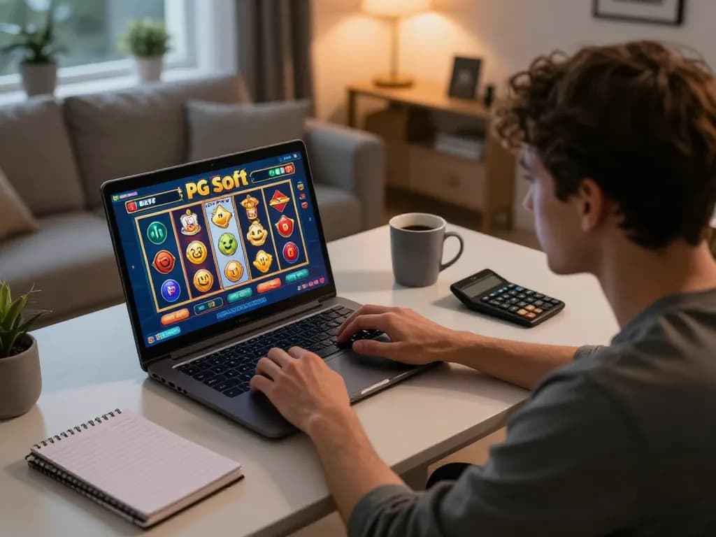 Pengalaman bermain game online yang menarik dengan Slot Demo PG Soft di laptop di ruang tamu yang nyaman