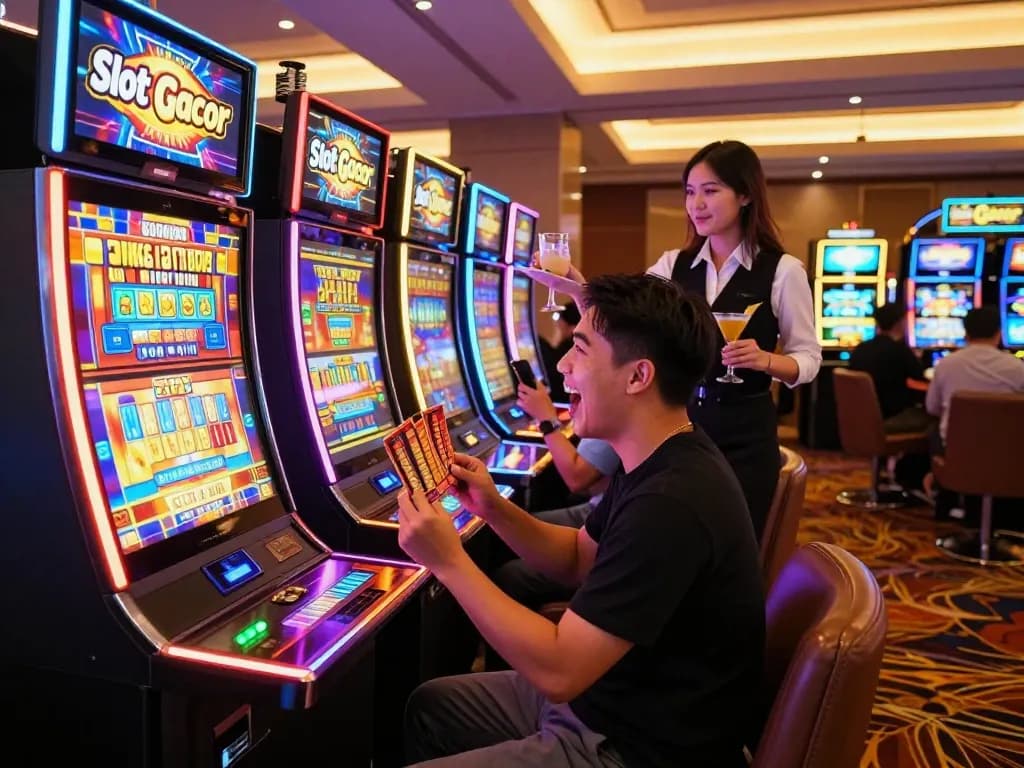 Exciting slot gacor hari ini gaming scene showcasing a joyful player winning at a colorful slot machine.