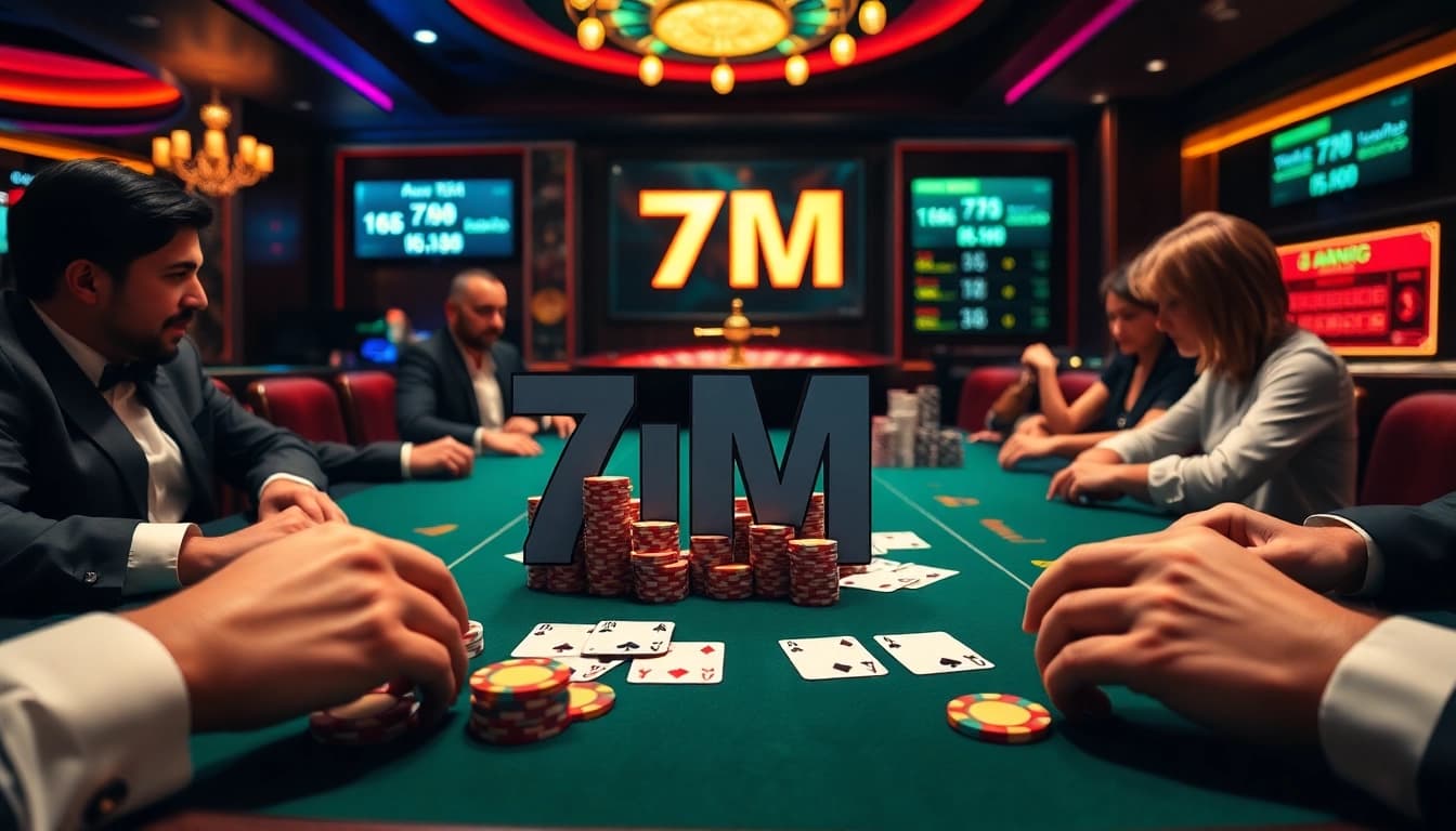 Engaging players at a luxury poker table showcase 7M chips in a vibrant casino environment.