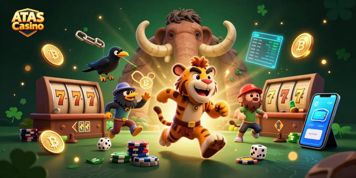 Experience thrilling gameplay at ATAS Casino with our lively prehistoric-themed illustration showcasing captivating casino elements.