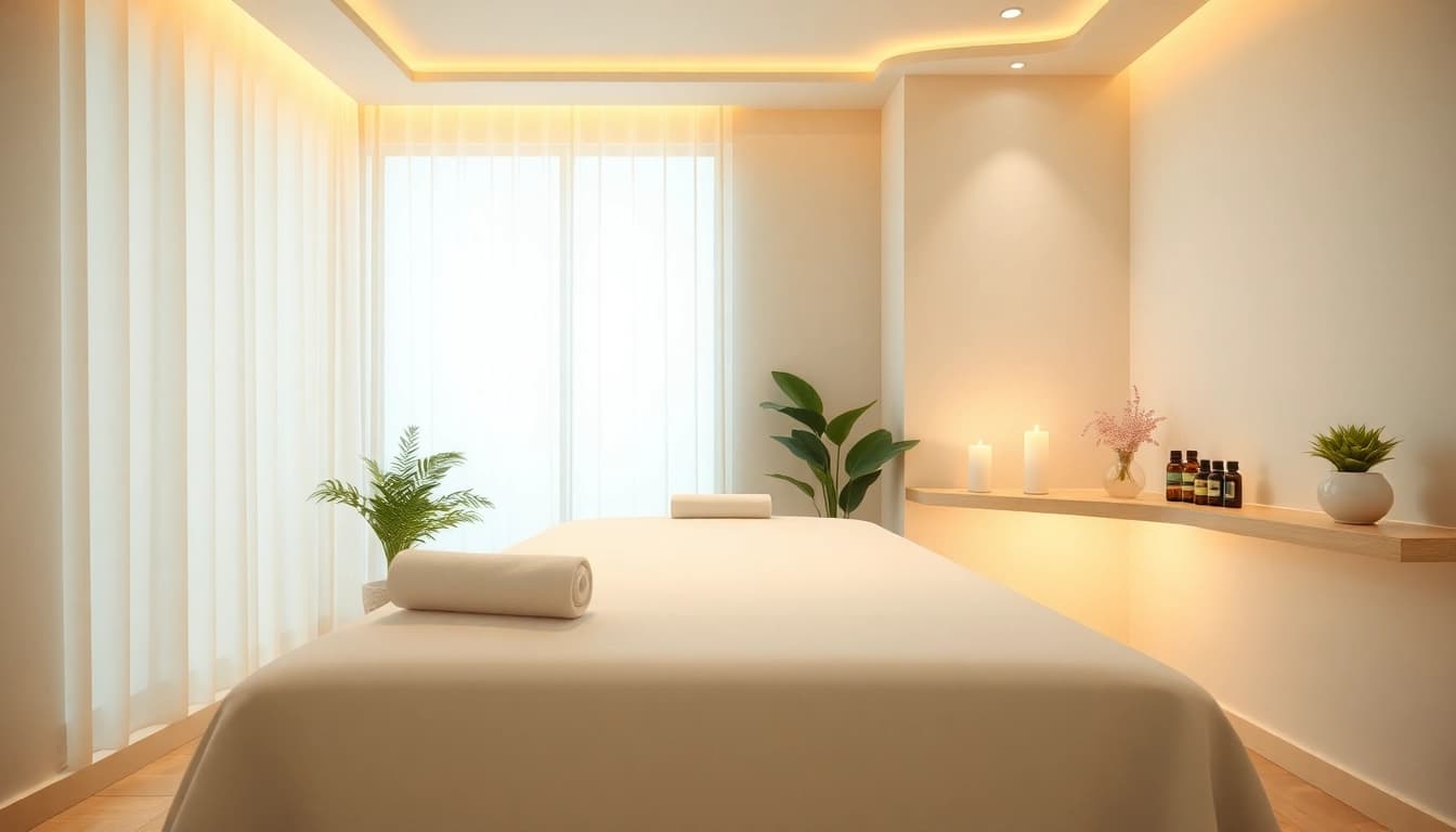 Relaxing massage therapy room setting for 동탄출장마사지, featuring calming lighting and soothing decor.