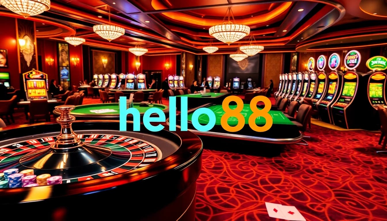 Players enjoying a vibrant casino atmosphere at hello88 with roulette tables and slot machines.