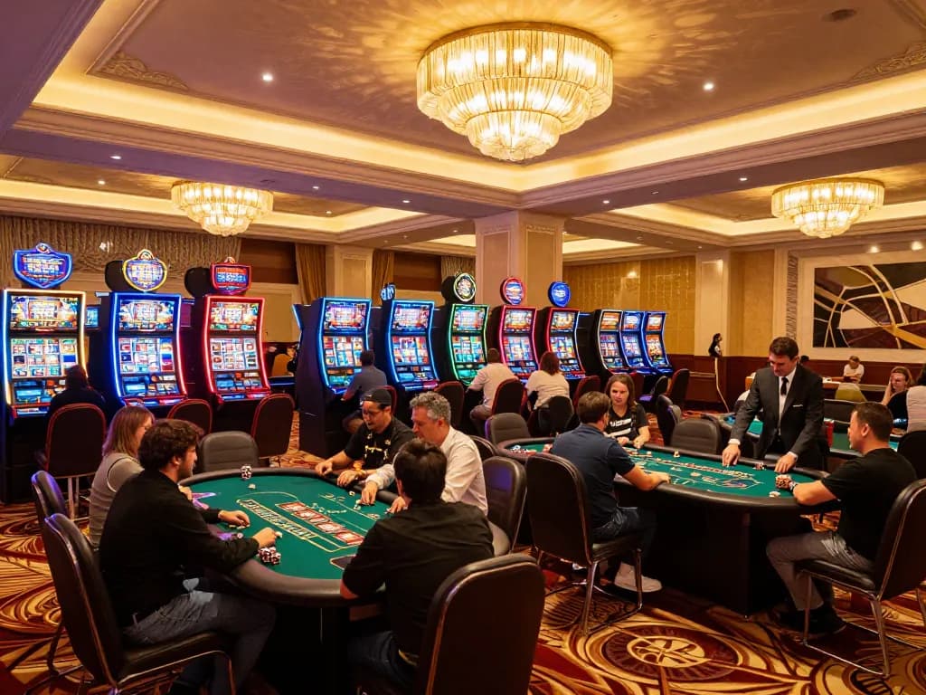 Players enjoying open88 slot machines and poker games in a luxurious casino atmosphere.