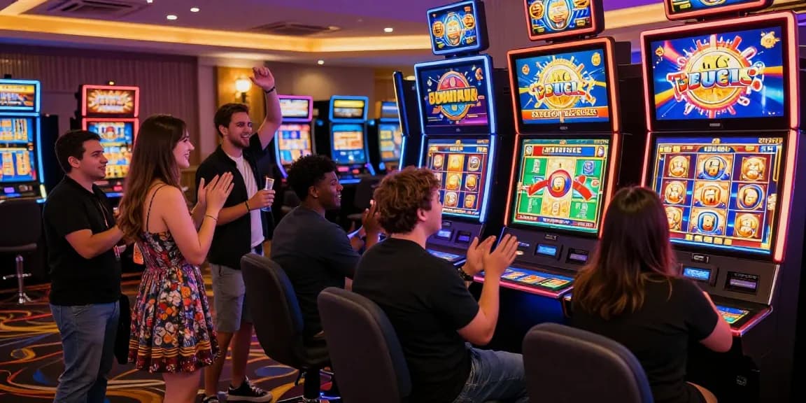 Players enjoying exciting Bonus Buy Slots at https://celebratepanto.co.uk/ casino floor, celebrating wins amid vibrant lights.