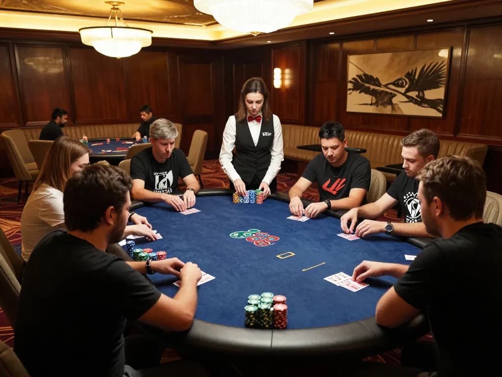 Players engaged in strategic gameplay at the exclusive 100VIP poker table in a luxurious setting.