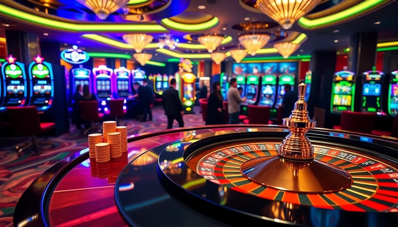 Players enjoying a vibrant KP88 casino environment with roulette and slot machines.