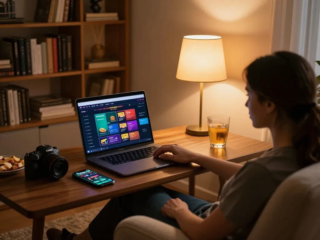 Engaging in online LV88 gaming strategy using a laptop and smartphone in a cozy home setting.