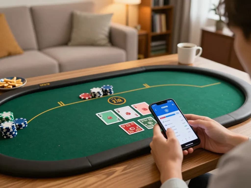 Engaging user playing poker on the KKWIN app, surrounded by cozy home elements, in a relaxed atmosphere.