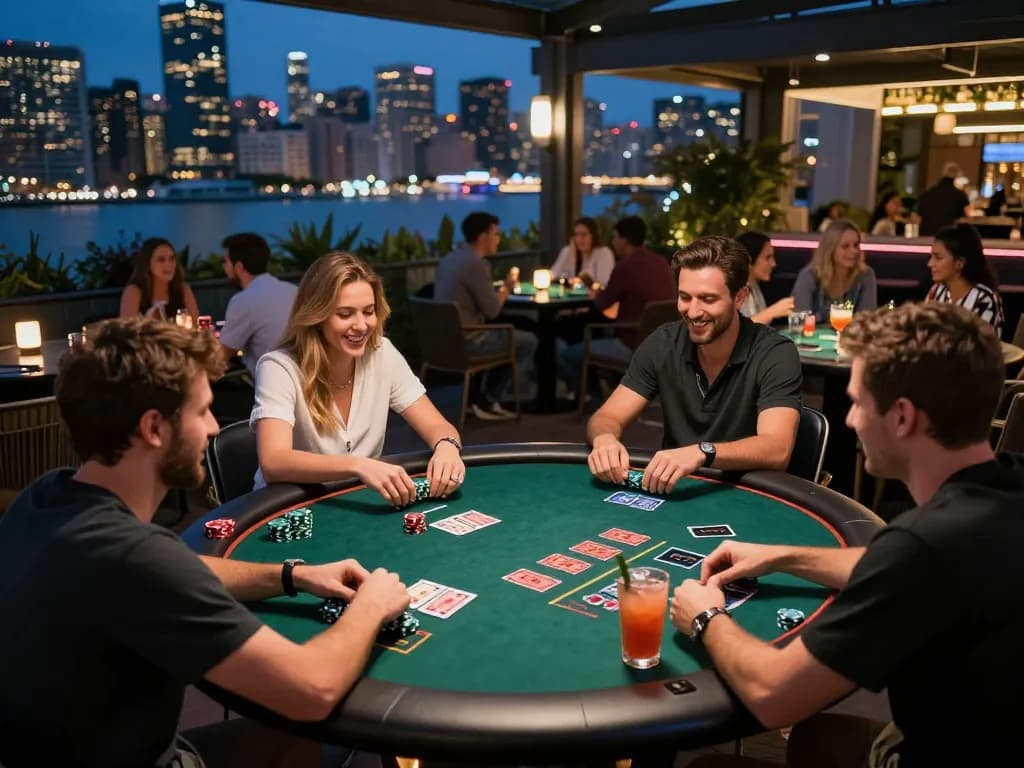 Players enjoying a thrilling game of blackjack at GEMWIN's outdoor lounge with vibrant city lights