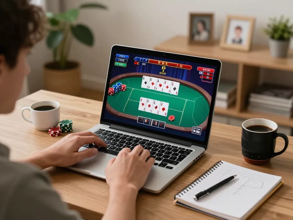 Engaging online poker gameplay on https://rr88co.net/ featuring a laptop with cards displayed and betting strategies