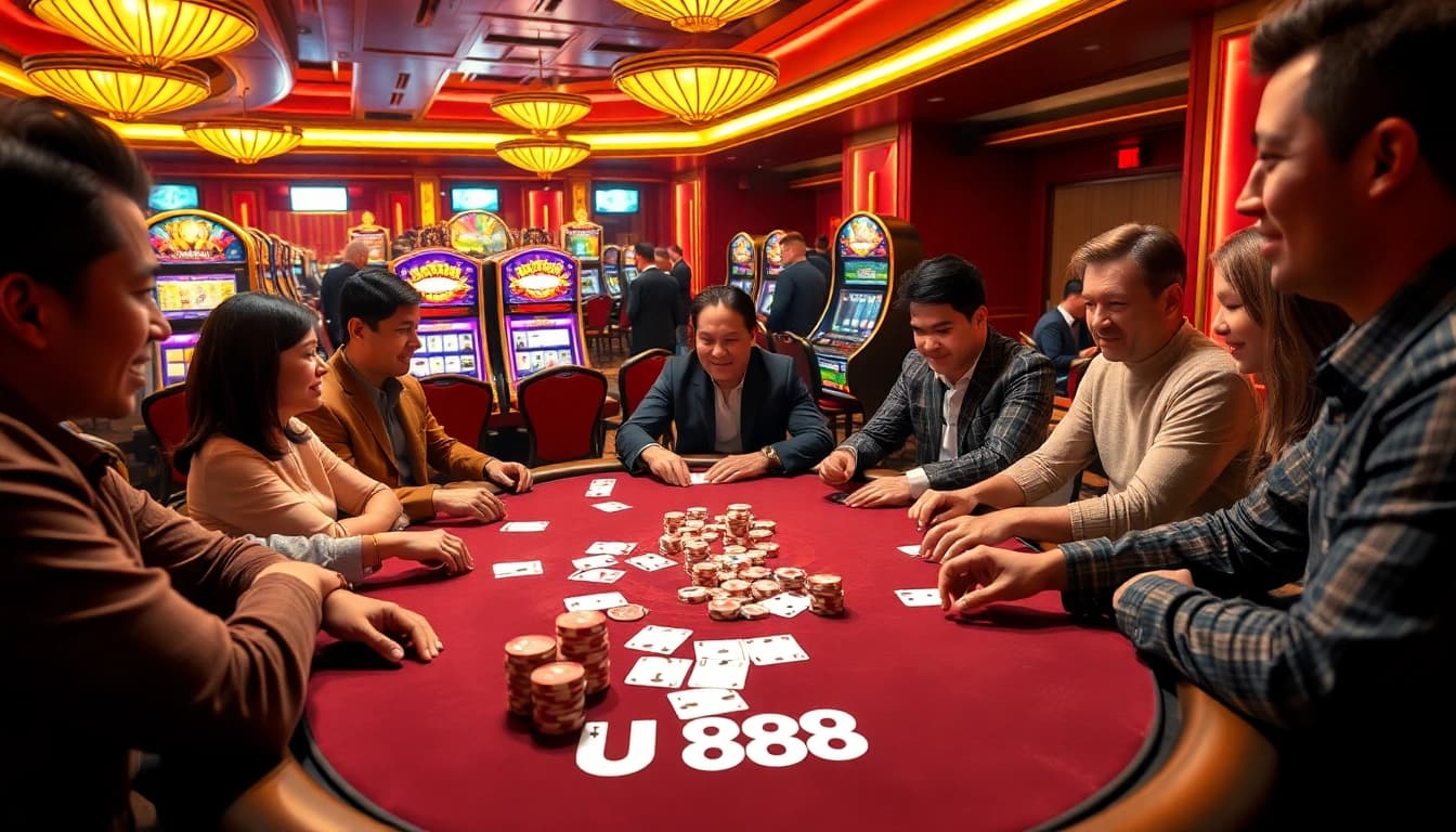 U888 offers an engaging poker table scene filled with excitement and vibrant gambling action.
