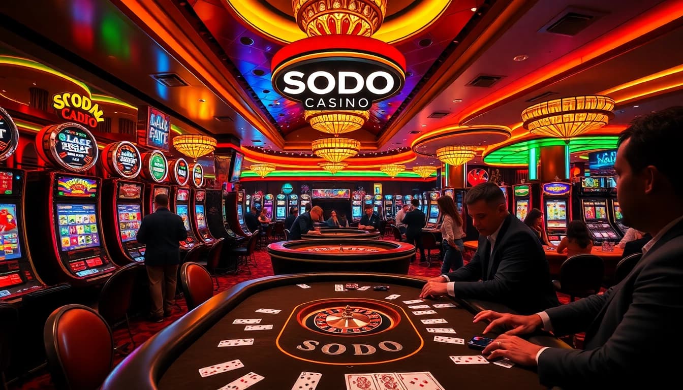 Experience the excitement of gameplay at SODO Casino with vibrant poker tables and colorful slot machines.