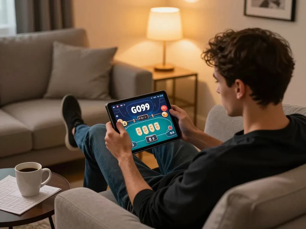 Player engaging in an exciting poker game on Go99 from home, enjoying a cozy atmosphere.