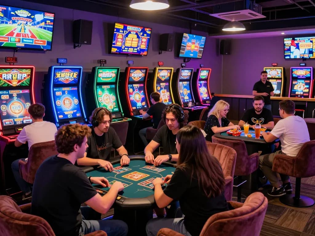cổng game sunwin players enjoying a vibrant gaming lounge with bright screens and engaging surroundings