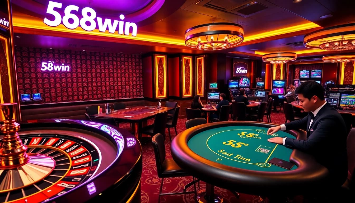 Exciting casino atmosphere with players engaging at 58win roulette and poker tables.
