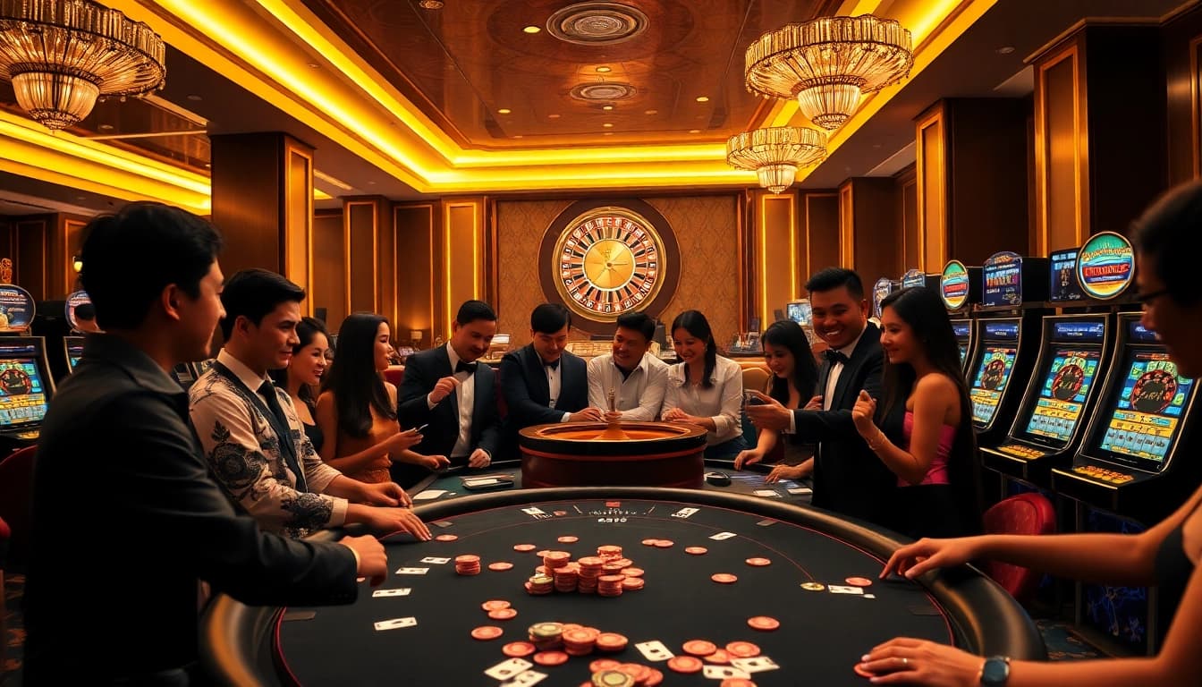 Experience the thrill of J88 at a luxurious casino with poker tables and vibrant gaming.