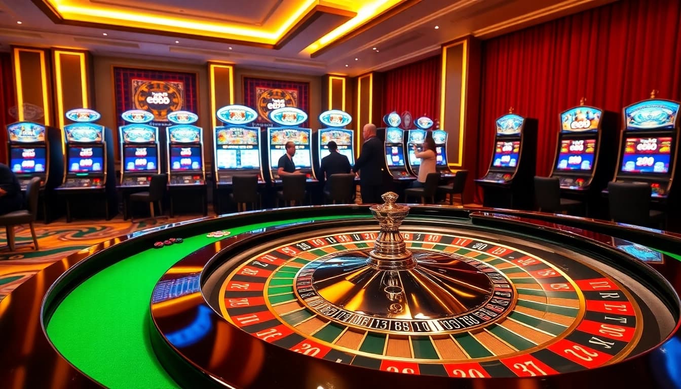 Experience the excitement of ee88 at a vibrant casino with roulette and slot machines.