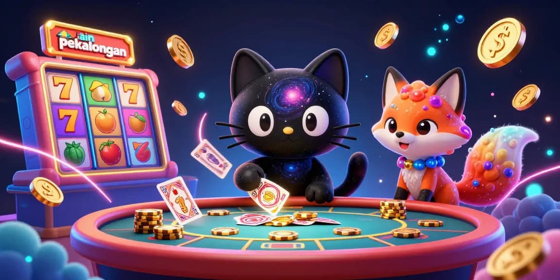 Engage in thrilling gameplay with the cosmic fantasy of IAIN Pekalongan's vibrant casino, showcasing animated slot reels and golden chips.