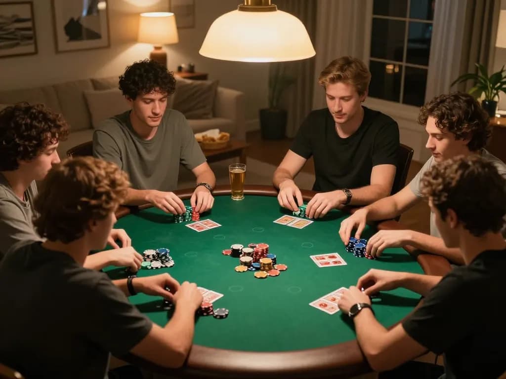 Fun88 players enjoying a thrilling poker night at home, showcasing gameplay and social interaction.