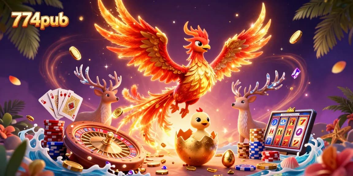 Engage in thrilling gaming action at 774pub, featuring rich colors and dynamic casino elements.