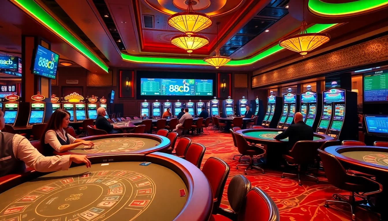 Engaging casino scene at 88clb, featuring players at gaming tables and vibrant slot machines.