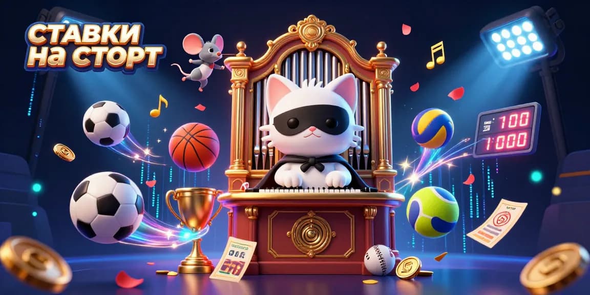 Engage in ставки на спорт with vibrant sports elements, a captivating cat character, and betting excitement.
