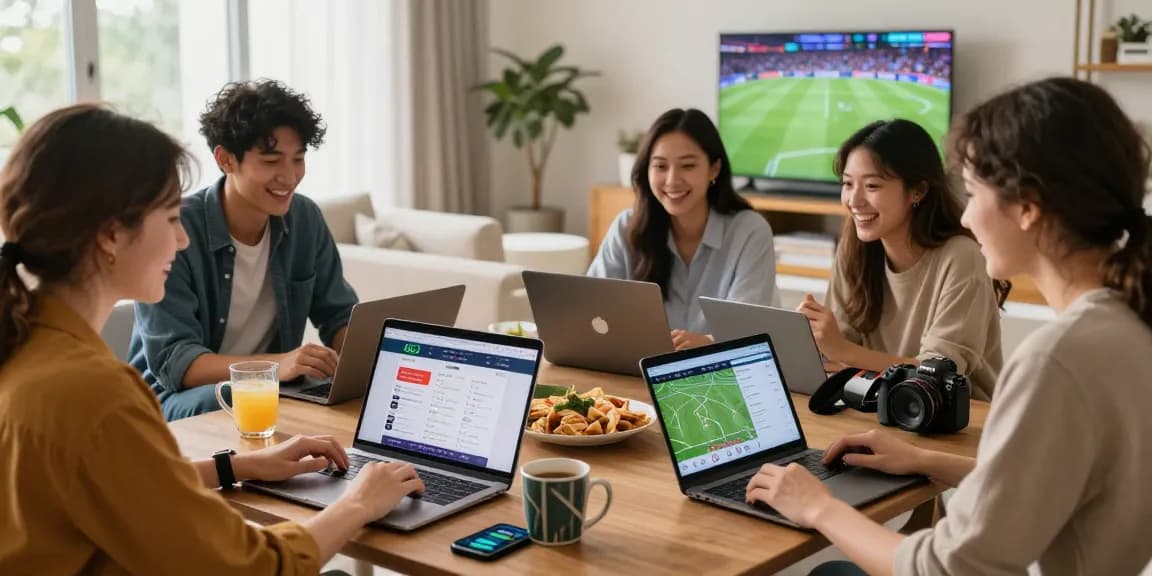 Friends excitedly engaging with the 663 bet website in a cozy home setting, showcasing online betting atmosphere.